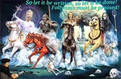 The horsemen are drawing nearer, On the leather steeds they ride, They have come to take your life, They have come to rape your wife and children,  On through the dead of night, With the four horsemen ride, Or choose your fate and die, Oh yeah yeah \,,/