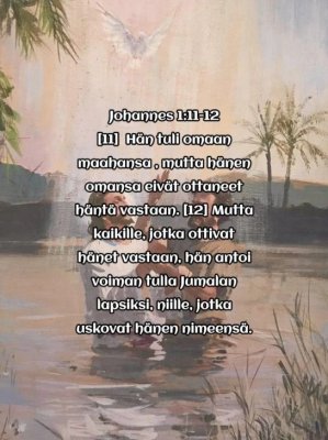 Johannes 1:11-12 FinRK [11] Hän tuli omaan maahansa , mutta hänen omansa eivät ottaneet häntä vastaan. [12] Mutta kaikille, jotka ottivat hänet vastaan, hän antoi voiman tulla Jumalan lapsiksi, niille, jotka uskovat hänen nimeensä.