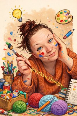 Minä ja tuhat ideaa mielessäni – ja yksikään ei pysy paikallaan! 💡😄  Maalia, lankaa, luonnoksia ja uusia unelmia. Tervetuloa luovan kaaoksen keskelle.  