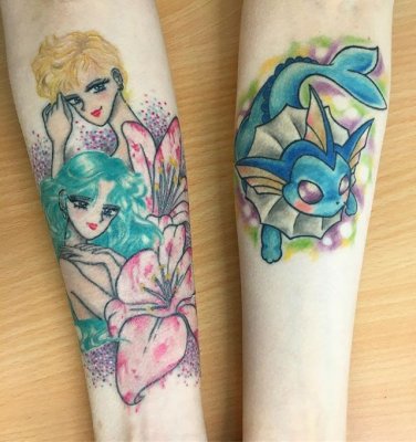 My tattoos are such love! ❤️ #nerdtattoo #sailormoontattoo #sailormoon #sailorneptune #sailoruranus #pokemontattoo #pokemon #vaporeon #vaporeontattoo #newschooltattoo #animetattoo #anime #mangatattoo #manga #colortattoo #armtattoo #tattoo #tattooinspiration