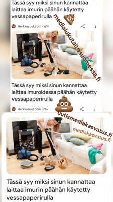 Imuroiville miehille tiedoksi: Teippaa kokoisesi määrämittaan leikkaamasi pika-putkieristeen sisälle kumihanska siten, että imuroitavaa kohdetta päin käännät kumihanskan ranne osan eristeen päädyn ympäri ja pisimmän sormion teippaat toiseen päähän ja pistät sormioon neulalla pienen reiän. Voit tehdä toisesta eristeestä sovittimen imurin putken päähän. Huomaathan että EU-alueen imurit eivät ime yhtä tehokkaasti kuin jenkkien imurit, joiden tehoa ei ole rajoitettu alle 550Wattiin. Liukasteeksi käy vaseliini.