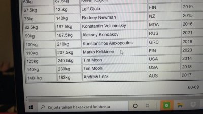  tässä on GPA liiton maailmanennätykset penkki  ikä luokka  50-59  vuotiaat ja paino luokka 110 kg. tällä hetekellä olen suomessa kovin nostaja RAW  master.